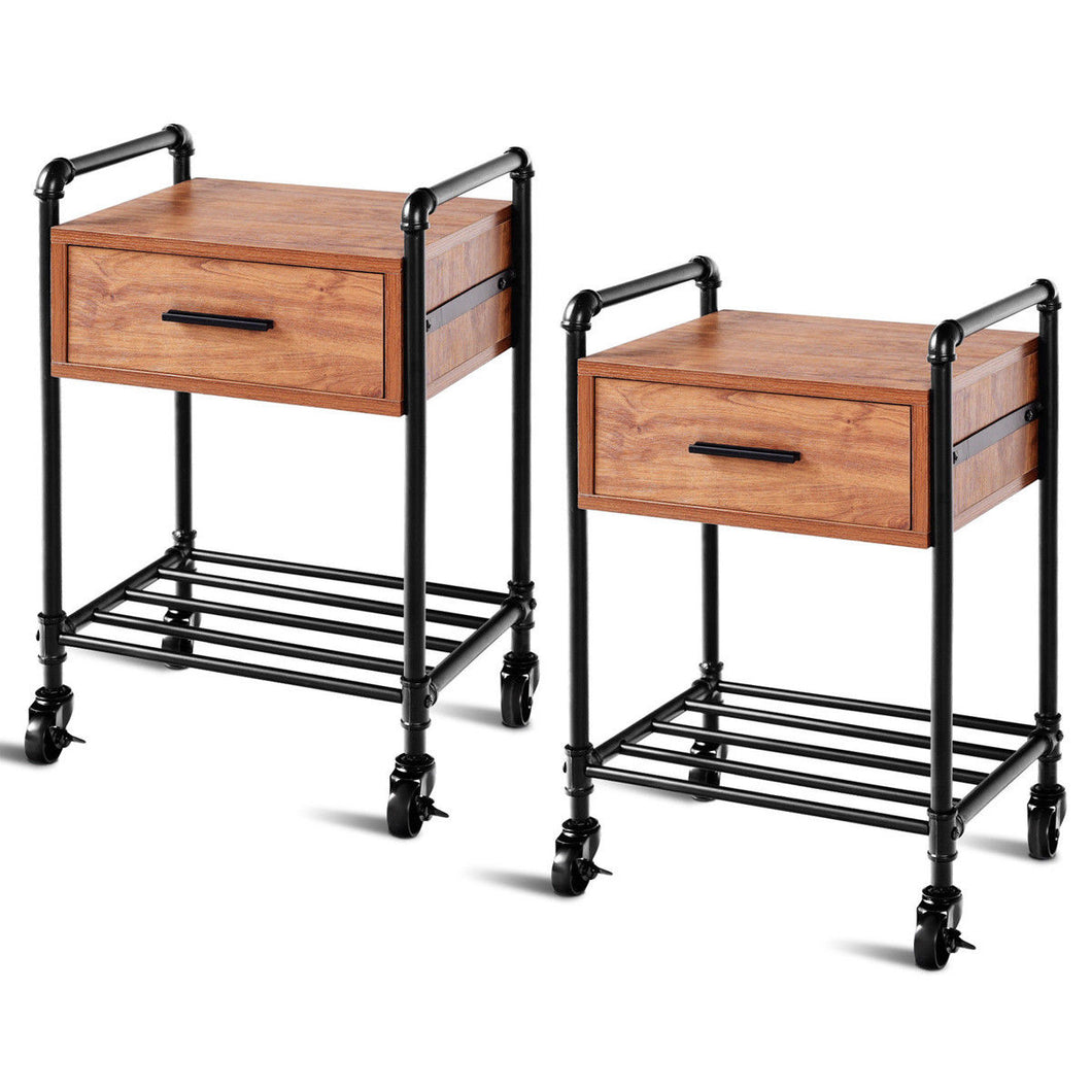 2-Tier Side Table/Nightstand W/Drawer &Wheels, 2 PCS - cloudpeakmarket