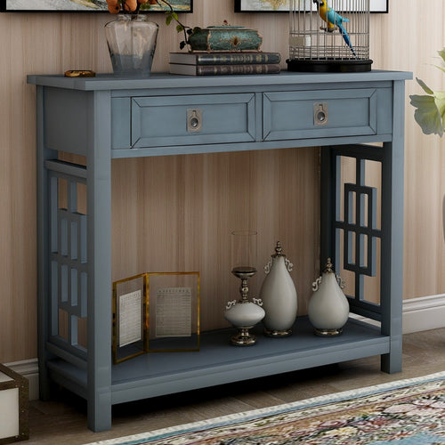 Console Table  With 2 Drawers and Bottom Shelf, Antique Navy - cloudpeakmarket